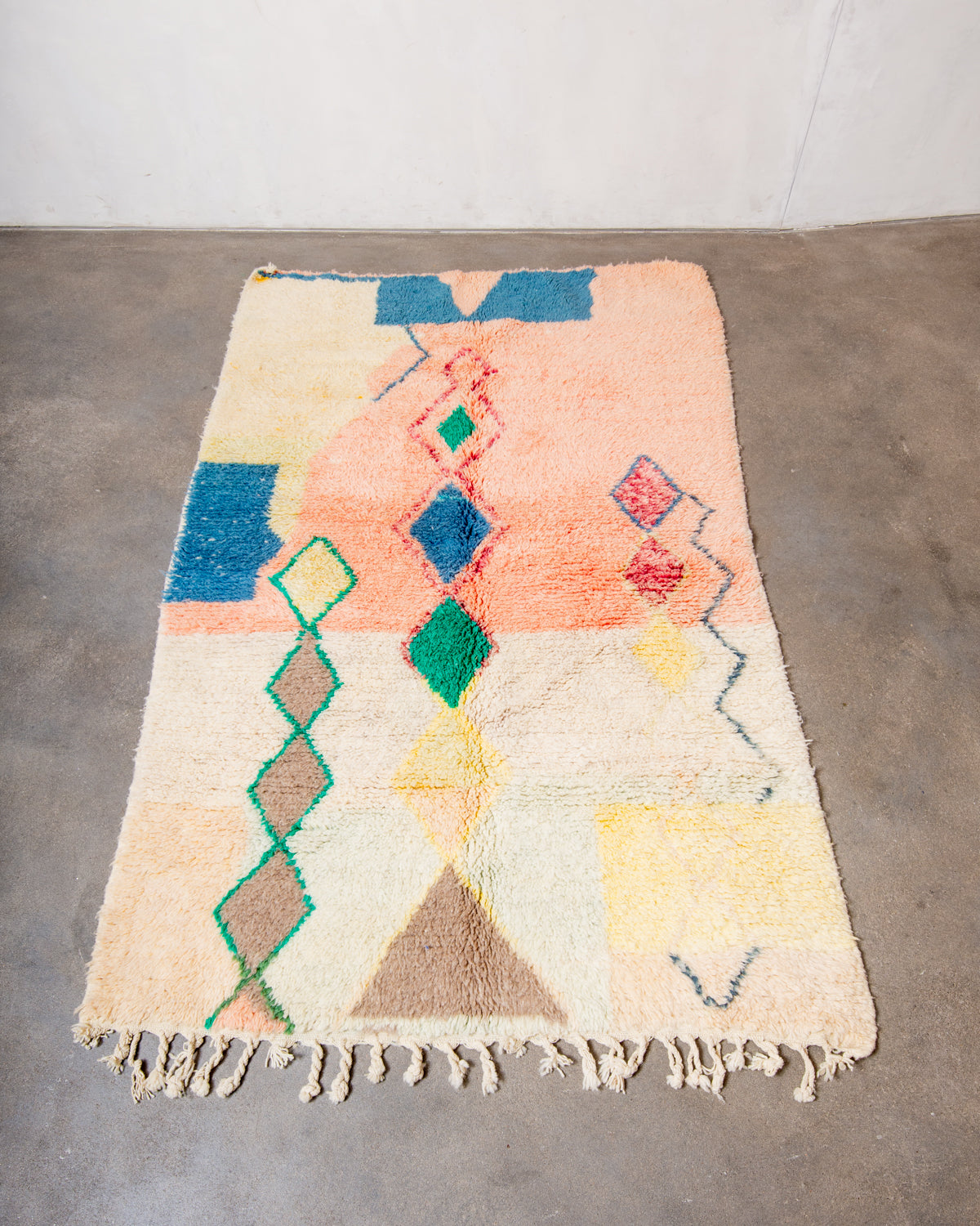 Modern, designer, handcrafted Berber rug from Morocco. Vintage carpet with beautiful colours and patterns and fluffy texture.